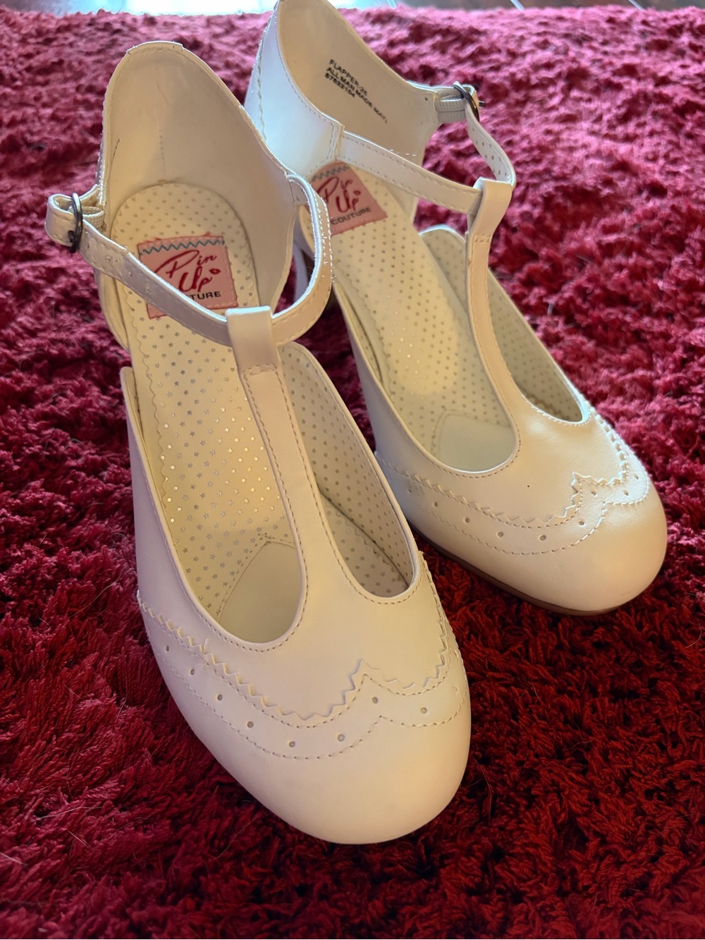 Pin up couture white T‑Strap Heels with Brogue Detail
